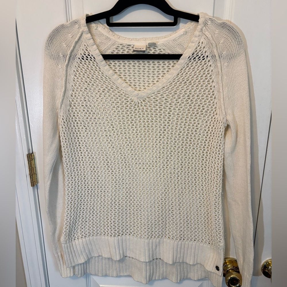 Roxy Cream Open Knit V Neck Lightweight Beach Sweater XS